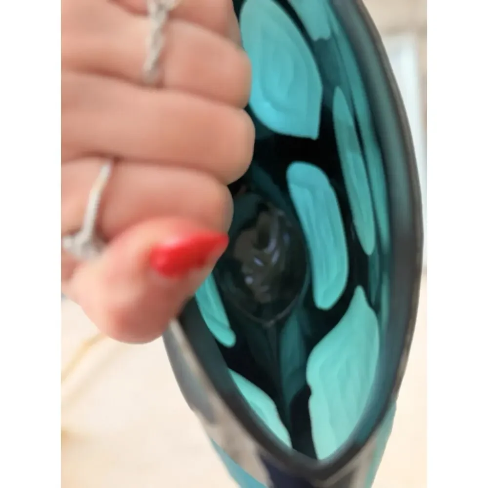 Vintage Murano Battuto Eclectic Glass Vase Turquoise Black Italian Art Glass